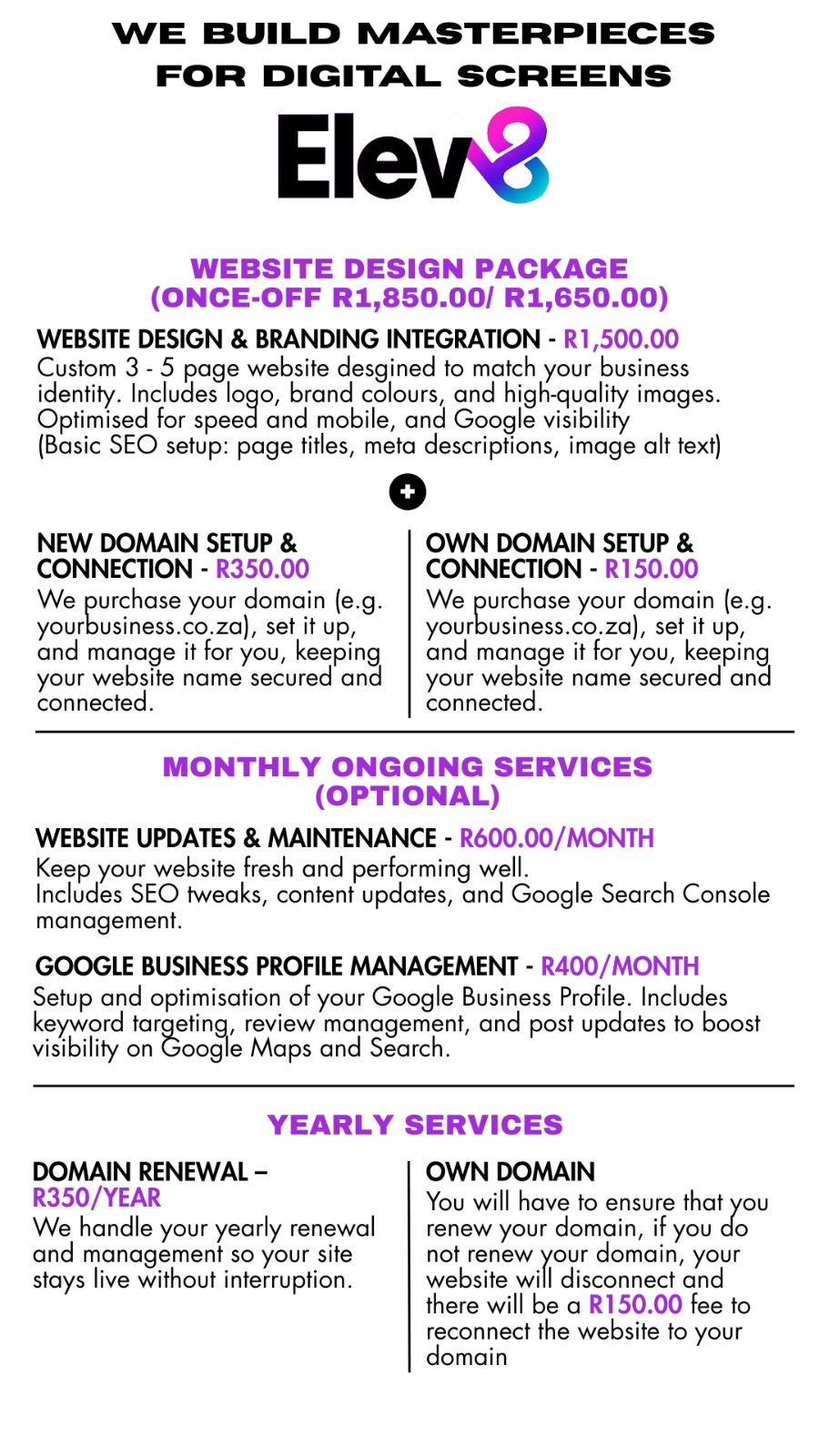 Here are our one-page website packages